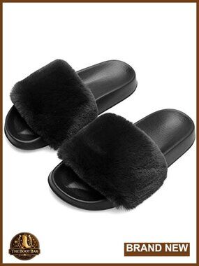 Womens Fuzzy Faux Fur Slide Slippers Open Toe EVA Sole House Shoes